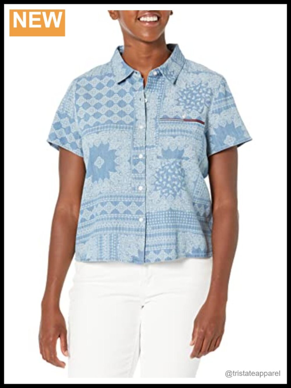 Women's Chambray Button-Up Bandana Collared Short Sleeve Shirt